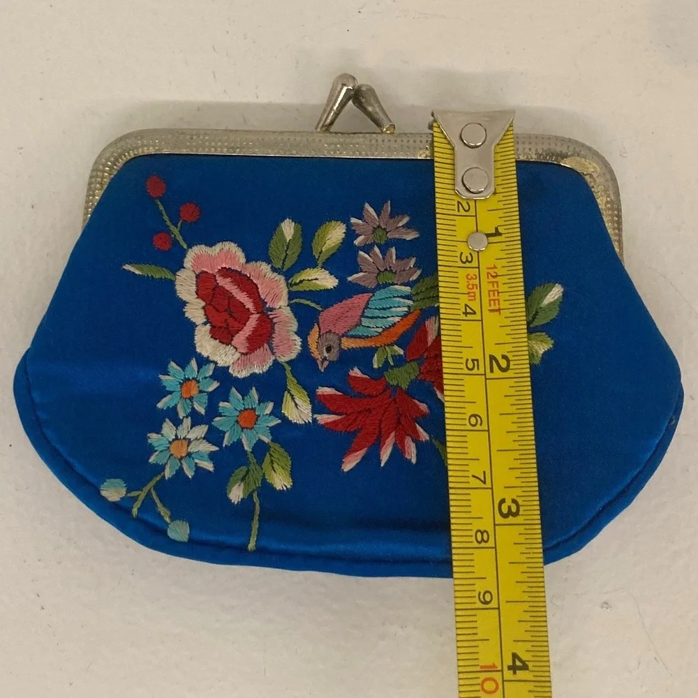 VTG Royal Blue Embroidered Floral Bird Kiss Lock Coin Purse Pouch Asian Oriental